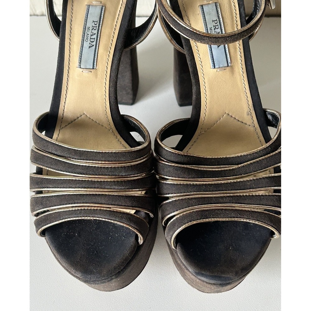 Prada Milano Donna Strappy Black/Gold Suede &Leather Platform Sandal Shoes 37 - Picture 4 of 14